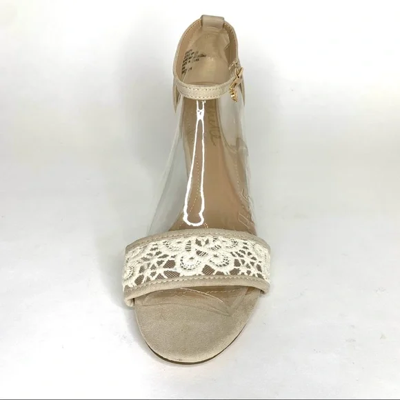 Nanette Lepore Ankle Strap Sandal ‘Beauty’ Heel Crochet Detail Faux Suede Tan 8 - Picture 3 of 14